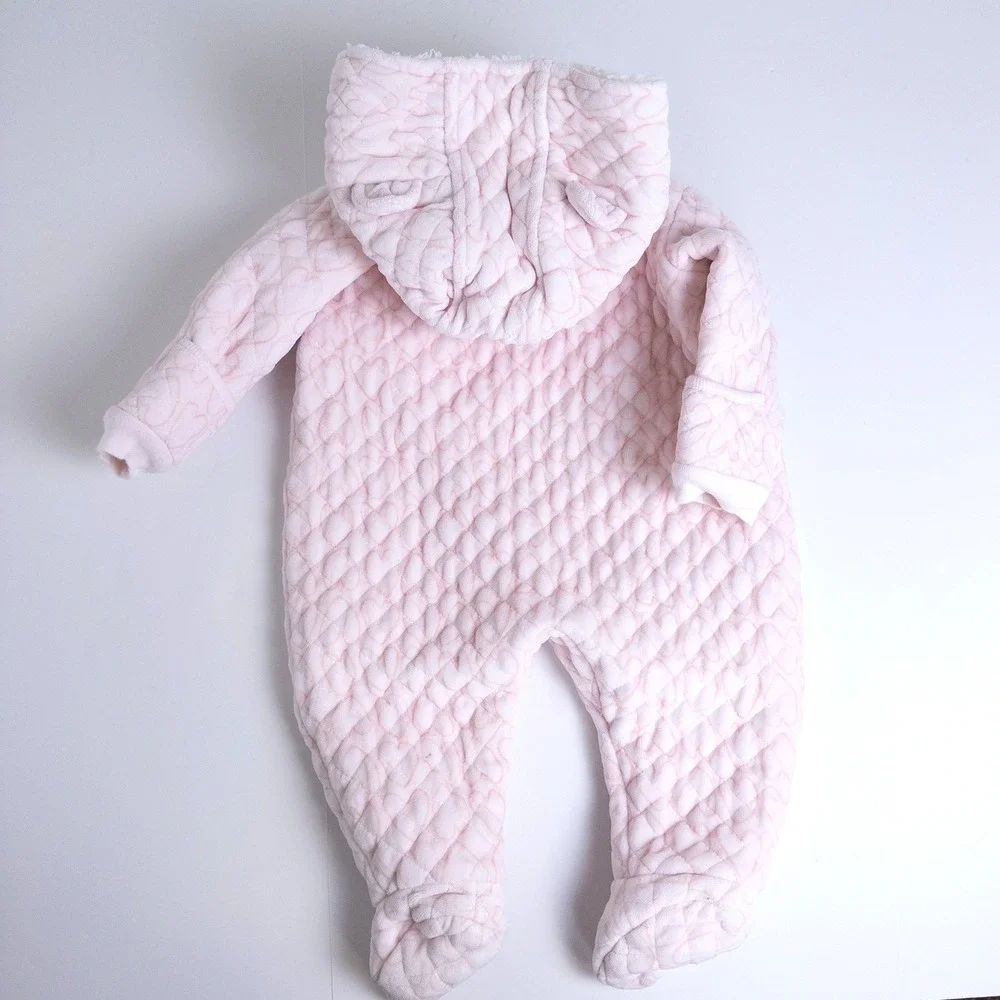 Nordstrom Quilted Heart Pram Suit Baby 6M Pink Fleece Hood‎ Bear Ears
